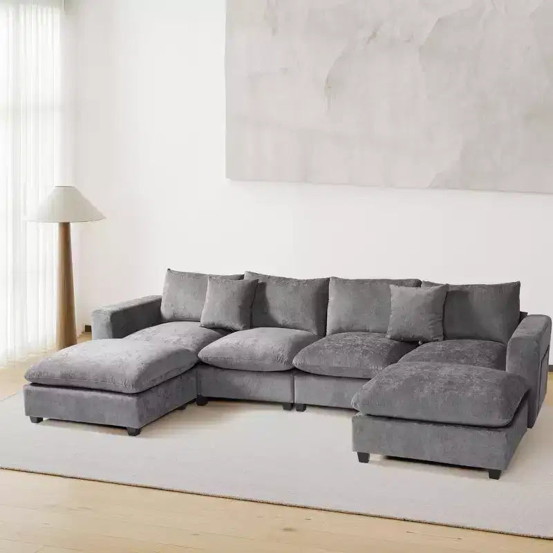 WestinTrends Augusta Divano Sezionale Modulare a U Chenille 128 con Chaise Longue, Porte USB/Type-C e Tasche Laterali