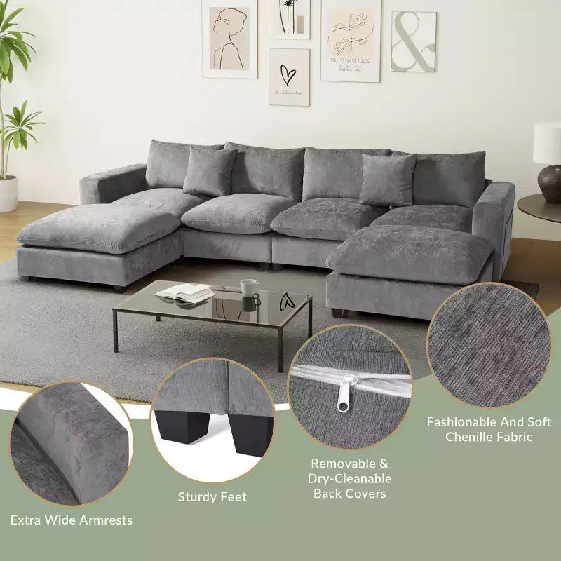 WestinTrends Augusta Divano Sezionale Modulare a U Chenille 128 con Chaise Longue, Porte USB/Type-C e Tasche Laterali