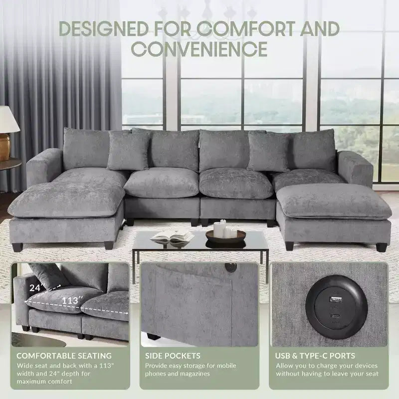 WestinTrends Augusta Divano Sezionale Modulare a U Chenille 128 con Chaise Longue, Porte USB/Type-C e Tasche Laterali