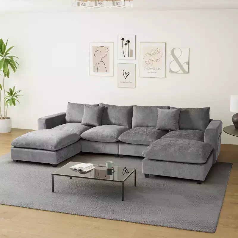 WestinTrends Augusta Divano Sezionale Modulare a U Chenille 128 con Chaise Longue, Porte USB/Type-C e Tasche Laterali