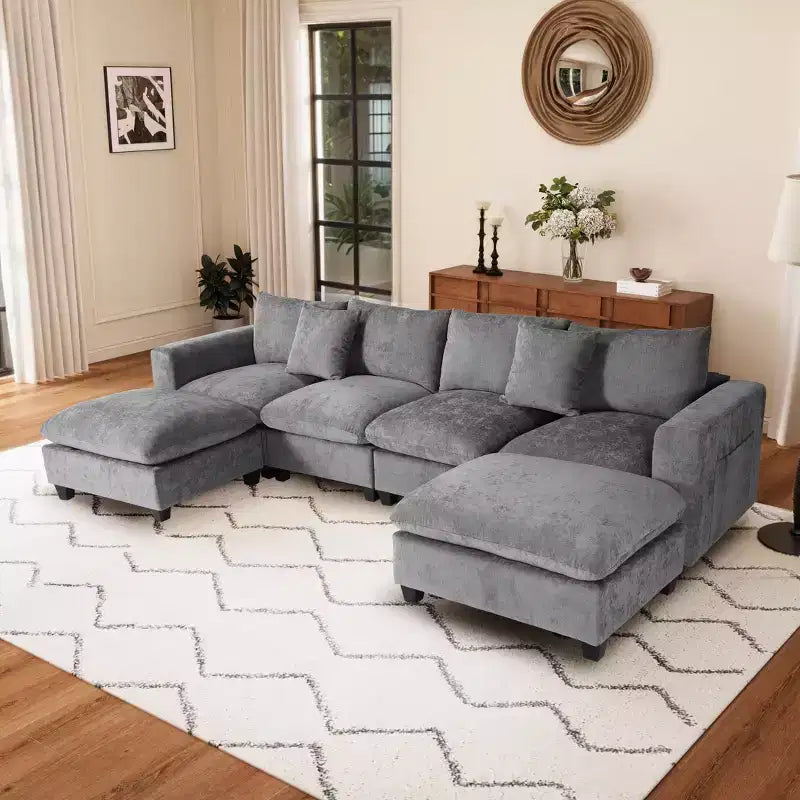 WestinTrends Augusta Divano Sezionale Modulare a U Chenille 128 con Chaise Longue, Porte USB/Type-C e Tasche Laterali