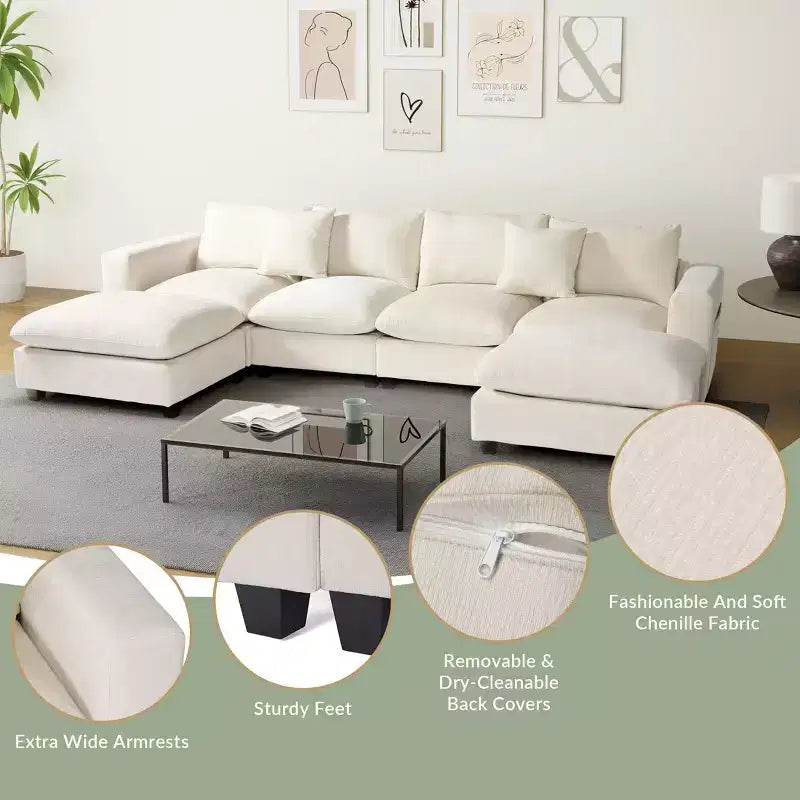 WestinTrends Augusta Divano Sezionale Modulare a U Chenille 128 con Chaise Longue, Porte USB/Type-C e Tasche Laterali
