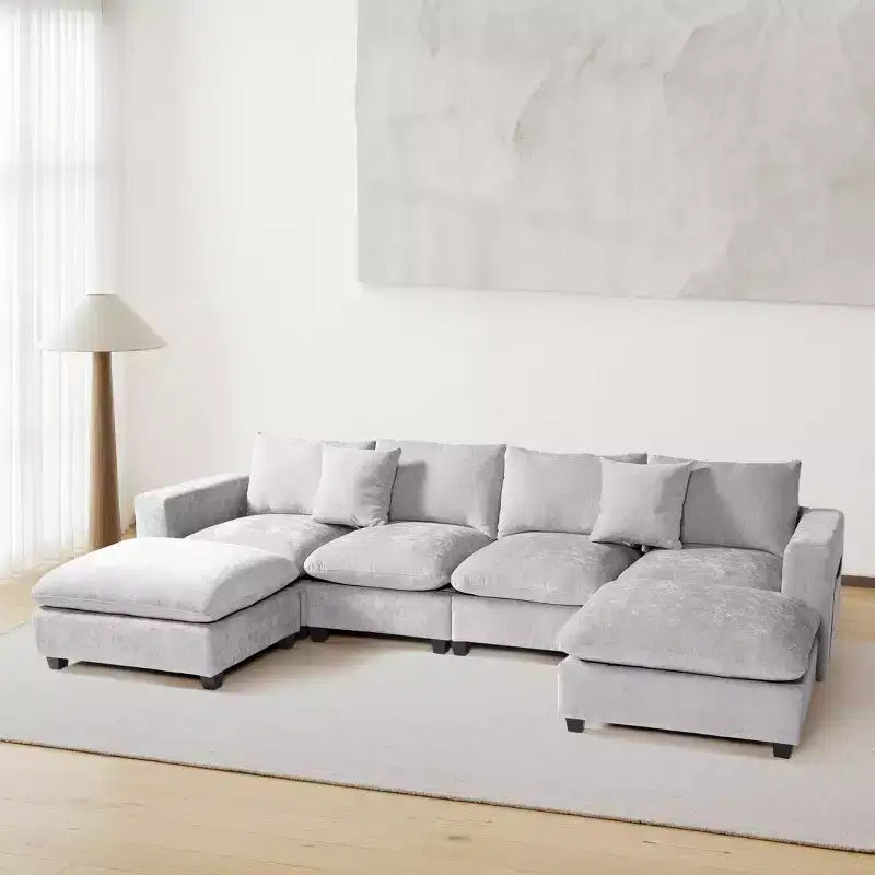 WestinTrends Augusta Divano Sezionale Modulare a U Chenille 128 con Chaise Longue, Porte USB/Type-C e Tasche Laterali