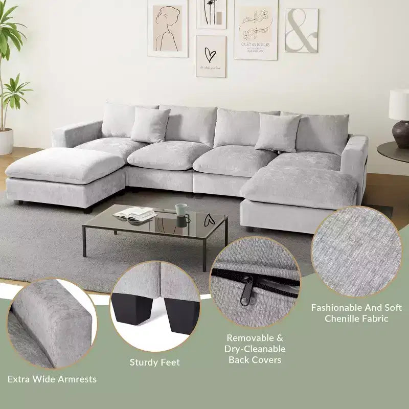 WestinTrends Augusta Divano Sezionale Modulare a U Chenille 128 con Chaise Longue, Porte USB/Type-C e Tasche Laterali