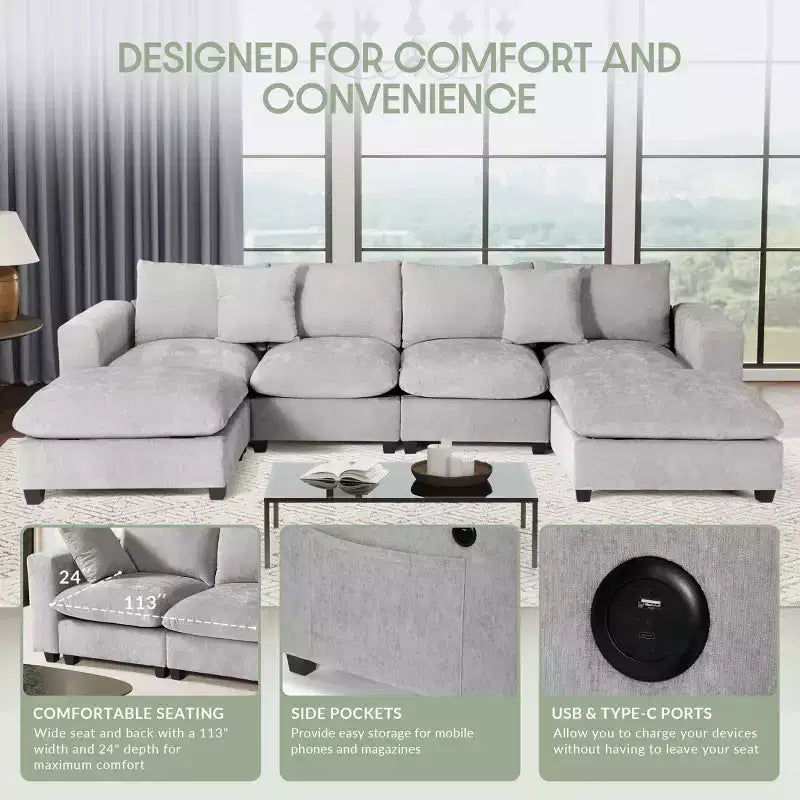 WestinTrends Augusta Divano Sezionale Modulare a U Chenille 128 con Chaise Longue, Porte USB/Type-C e Tasche Laterali