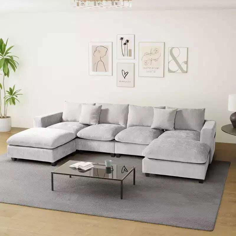 WestinTrends Augusta Divano Sezionale Modulare a U Chenille 128 con Chaise Longue, Porte USB/Type-C e Tasche Laterali