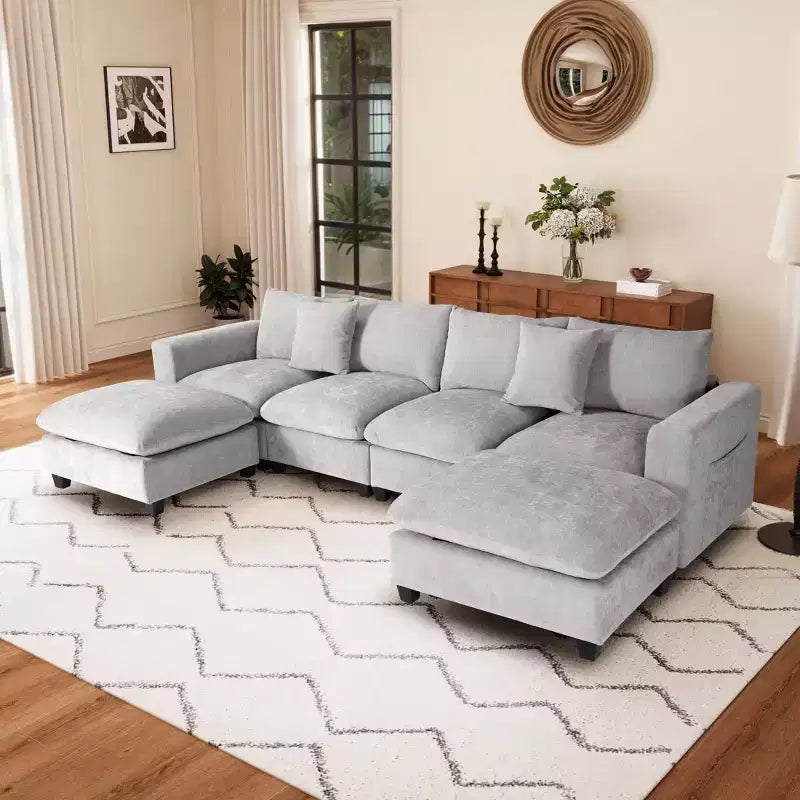 WestinTrends Augusta Divano Sezionale Modulare a U Chenille 128 con Chaise Longue, Porte USB/Type-C e Tasche Laterali