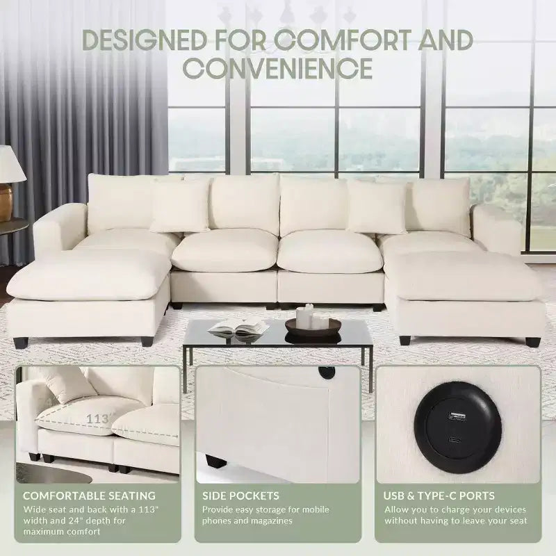 WestinTrends Augusta Divano Sezionale Modulare a U Chenille 128 con Chaise Longue, Porte USB/Type-C e Tasche Laterali