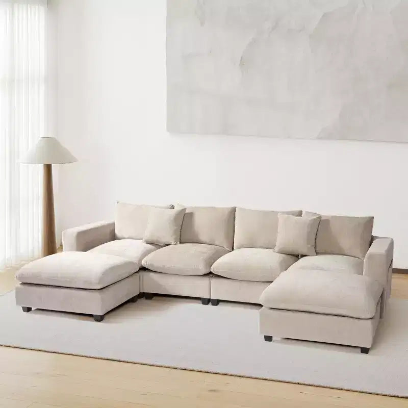 WestinTrends Augusta Divano Sezionale Modulare a U Chenille 128 con Chaise Longue, Porte USB/Type-C e Tasche Laterali