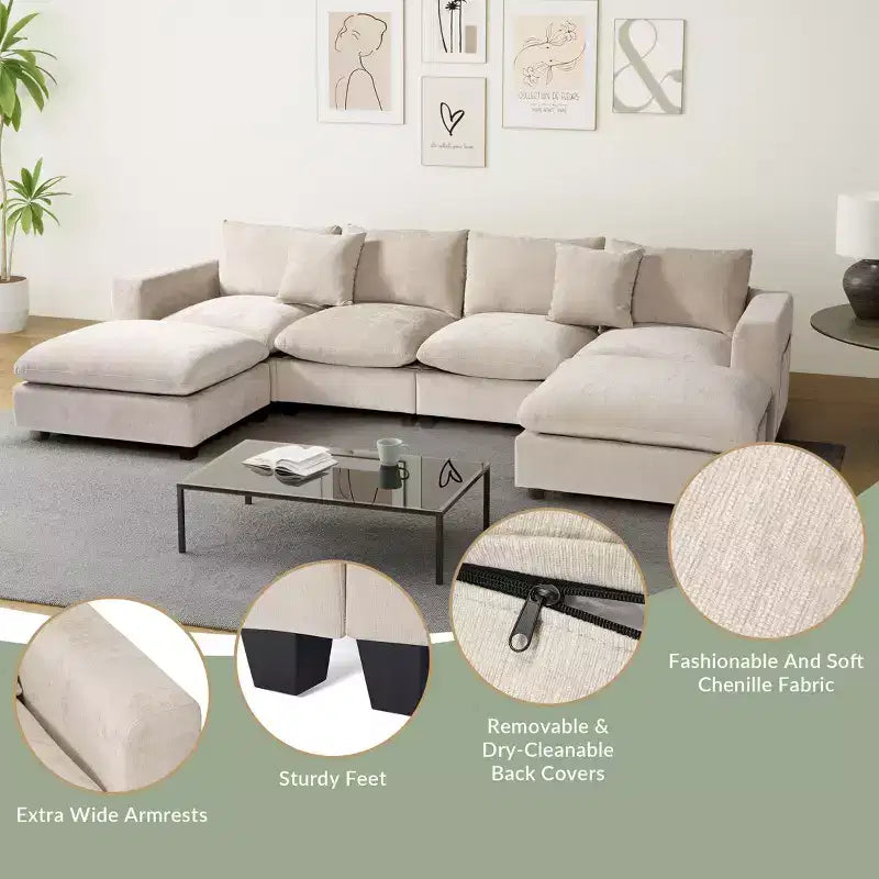 WestinTrends Augusta Divano Sezionale Modulare a U Chenille 128 con Chaise Longue, Porte USB/Type-C e Tasche Laterali
