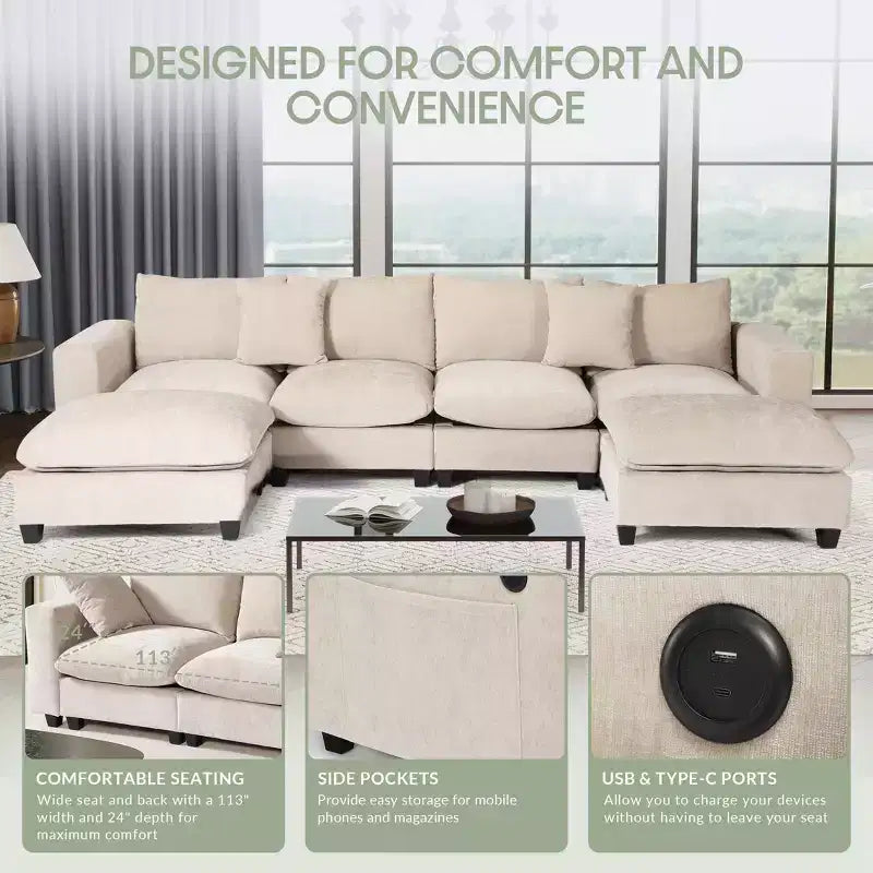 WestinTrends Augusta Divano Sezionale Modulare a U Chenille 128 con Chaise Longue, Porte USB/Type-C e Tasche Laterali