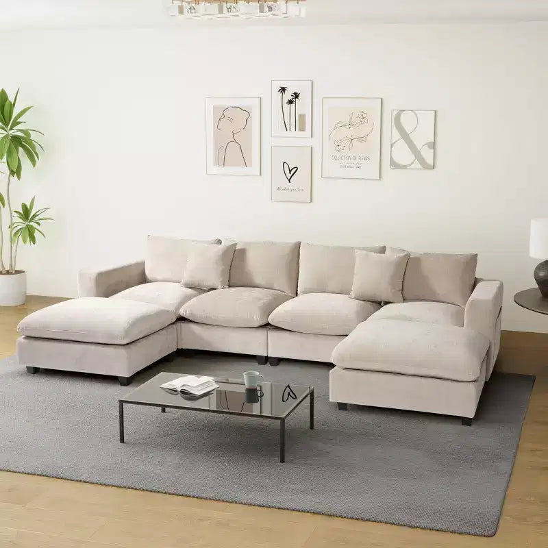 WestinTrends Augusta Divano Sezionale Modulare a U Chenille 128 con Chaise Longue, Porte USB/Type-C e Tasche Laterali