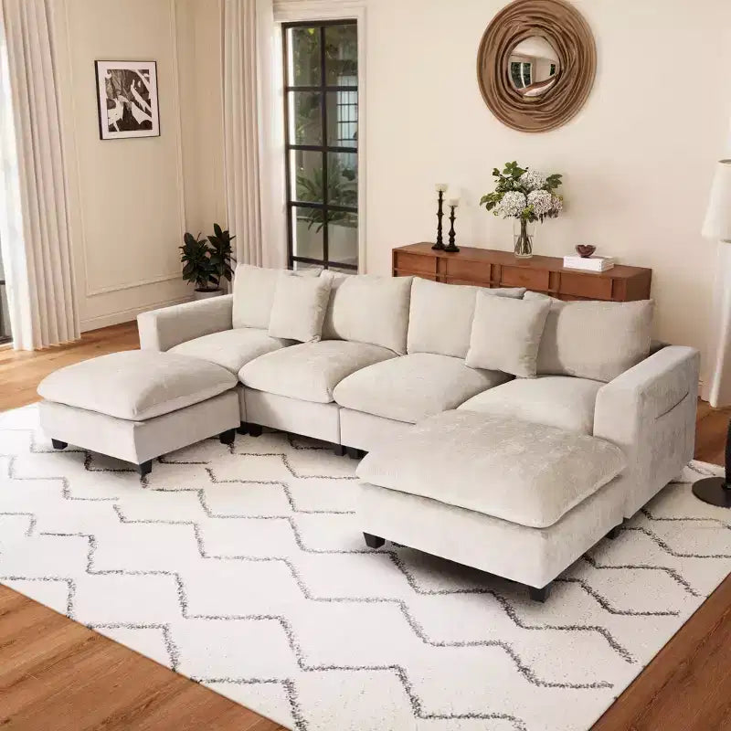 WestinTrends Augusta Divano Sezionale Modulare a U Chenille 128 con Chaise Longue, Porte USB/Type-C e Tasche Laterali