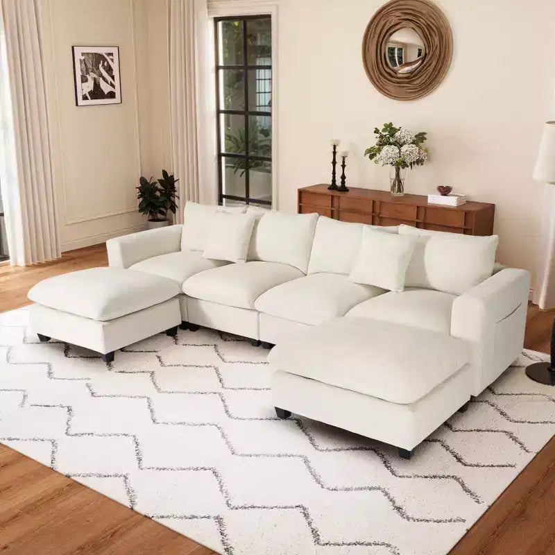 WestinTrends Augusta Divano Sezionale Modulare a U Chenille 128 con Chaise Longue, Porte USB/Type-C e Tasche Laterali