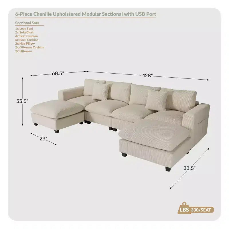WestinTrends Augusta Divano Sezionale Modulare a U Chenille 128 con Chaise Longue, Porte USB/Type-C e Tasche Laterali