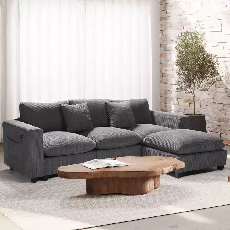 Divano modulare a L con chaise longue in ciniglia WestinTrends Hearthside 99, con porte USB/Type-C e tasche laterali