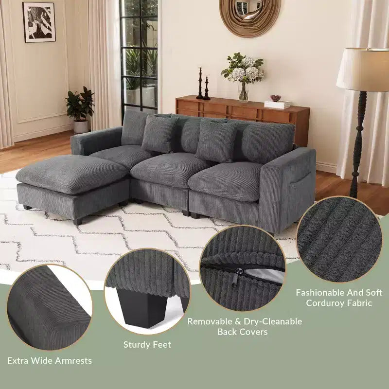 Divano modulare a L con chaise longue in ciniglia WestinTrends Hearthside 99, con porte USB/Type-C e tasche laterali