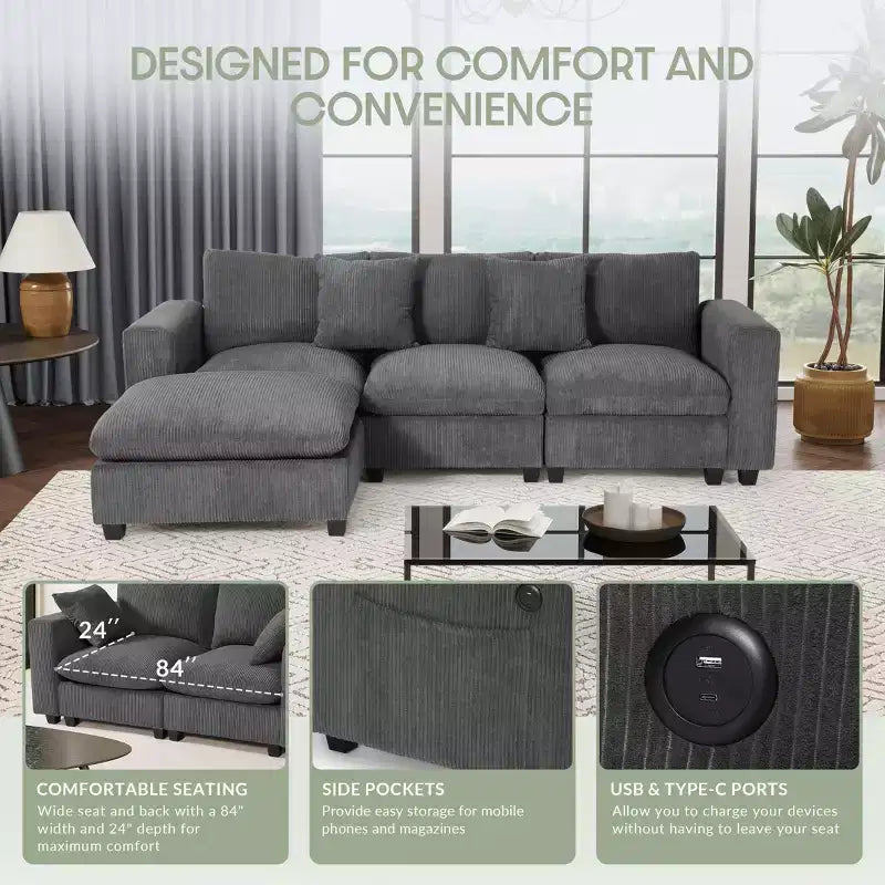 Divano modulare a L con chaise longue in ciniglia WestinTrends Hearthside 99, con porte USB/Type-C e tasche laterali