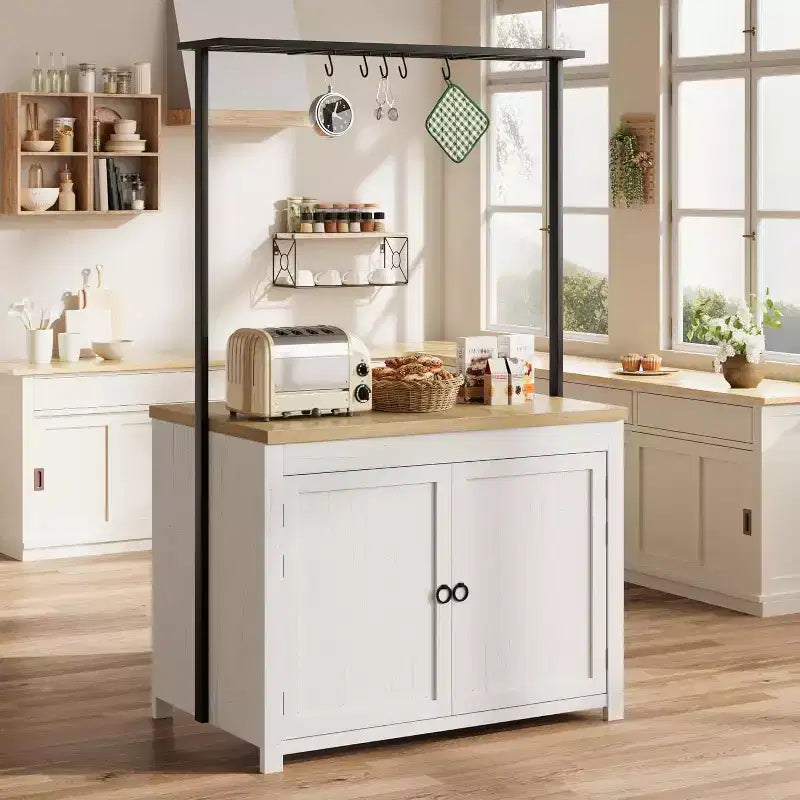 Isola da Cucina con Stoccaggio, Carrello da Cucina Multi-Funzionale con Ripiani a 2 Livelli, 5 Ganci