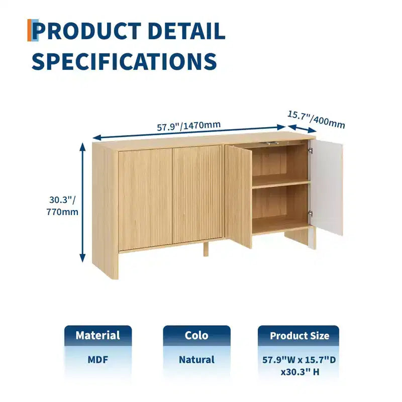 Mobile Buffet con Ante e Ripiani, Credenza Scanalata da 147 cm con 4 Ante e Ripiani Regolabili, Tavolo Buffet in Legno