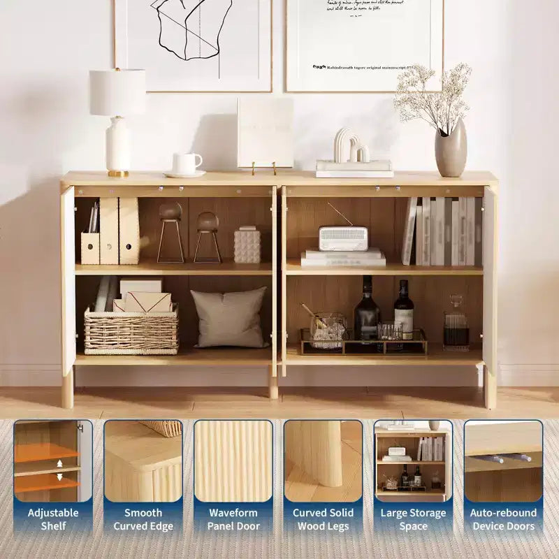 Mobile Buffet con Ante e Ripiani, Credenza Scanalata da 147 cm con 4 Ante e Ripiani Regolabili, Tavolo Buffet in Legno