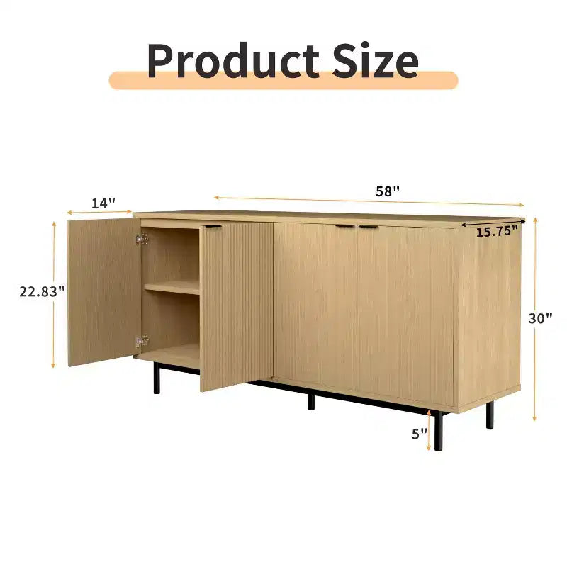Dyonery Madia con pannello laterale da 58 pollici con spazio di archiviazione, mobile a fessura con ripiani regolabili e 4 ante, colore Legno nero/naturale