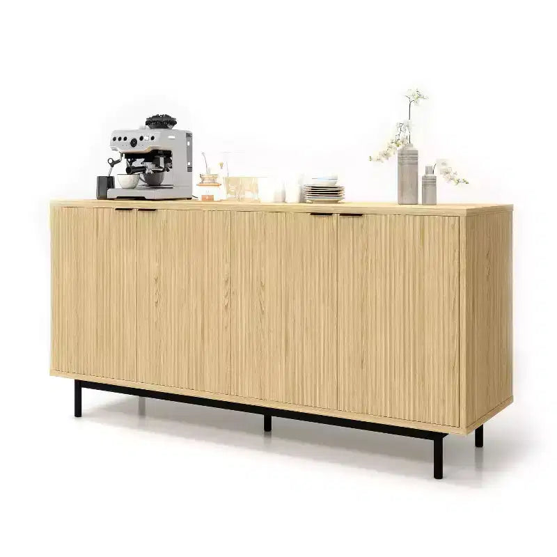 Desserte de buffet Dyonery de 58 pouces avec rangement, meuble à rainures avec étagères réglables et 4 portes, couleur noir/bois naturel