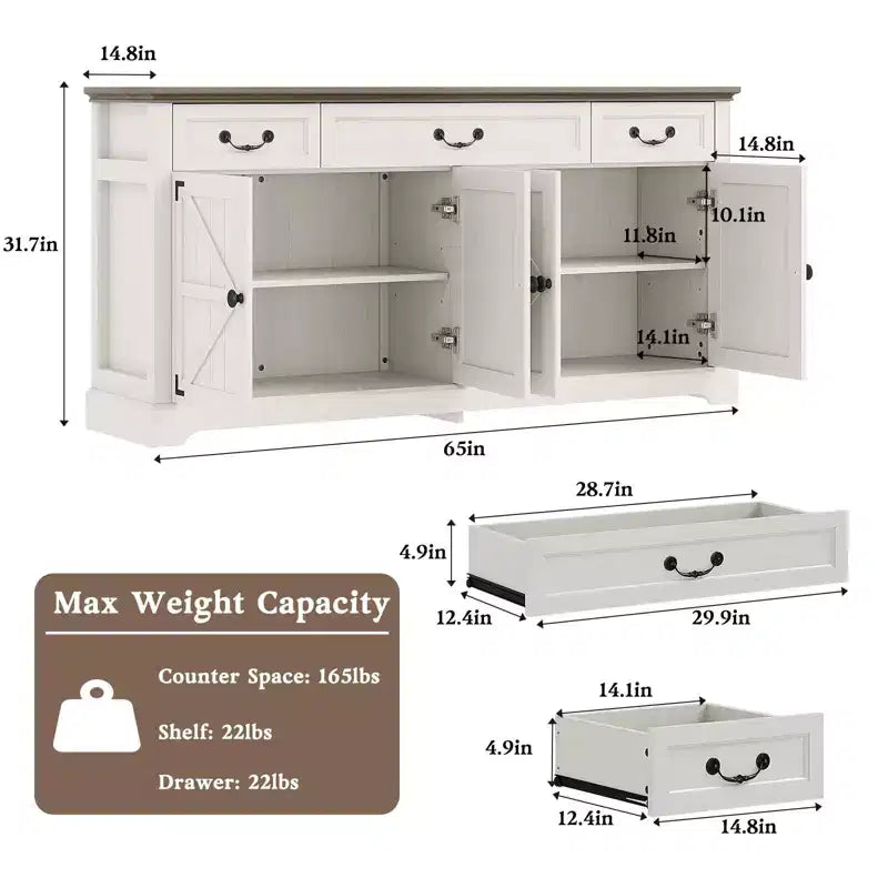 Dyonery Madia Grande da 165 cm con 3 Cassetti e 4 Ante Mobile Bar, Bianco/Grigio.