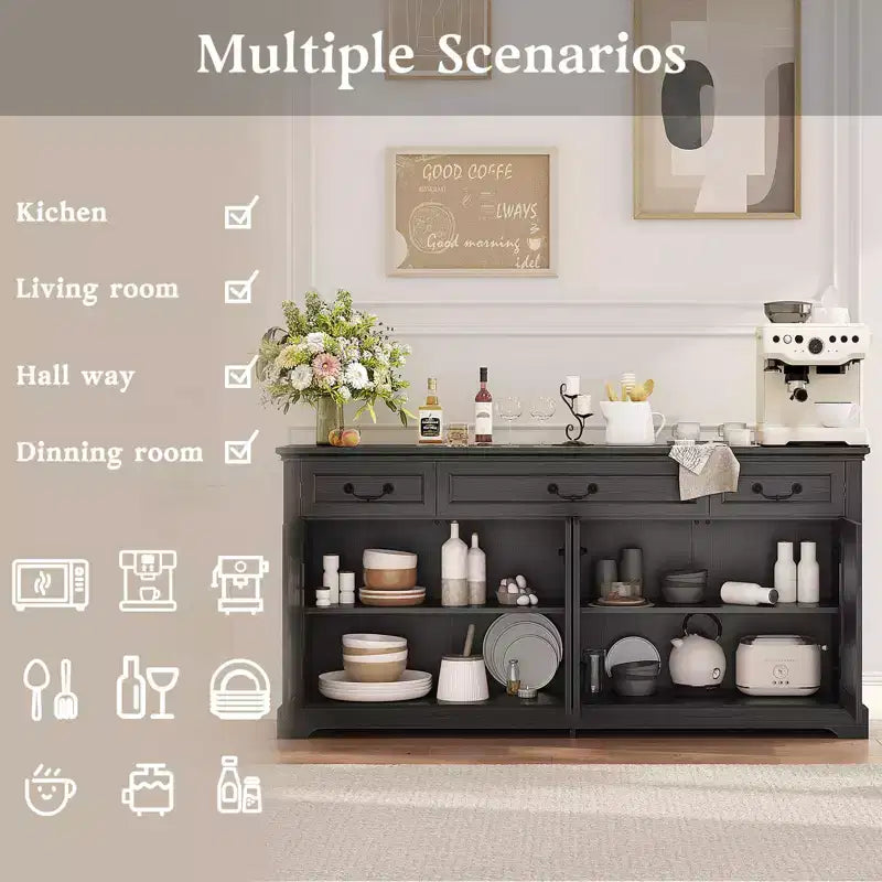 Dyonery Madia Grande da 165 cm con 3 Cassetti e 4 Ante Mobile Bar, Bianco/Grigio.