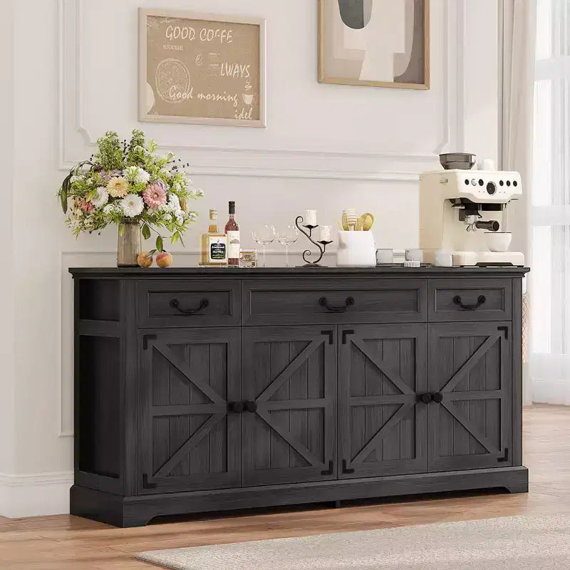Dyonery 65 Inch Large Buffet Storage Cabinet with 3 Drawers and 4 Doors Coffee Bar Bar Cabinet, White/Gray.