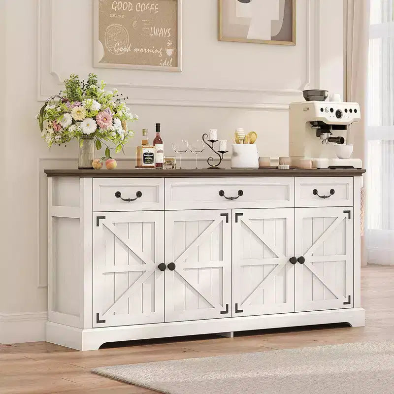 Dyonery Buffet avec grand rangement de 165 cm, 3 tiroirs et 4 portes, meuble de bar à café, blanc/gris.