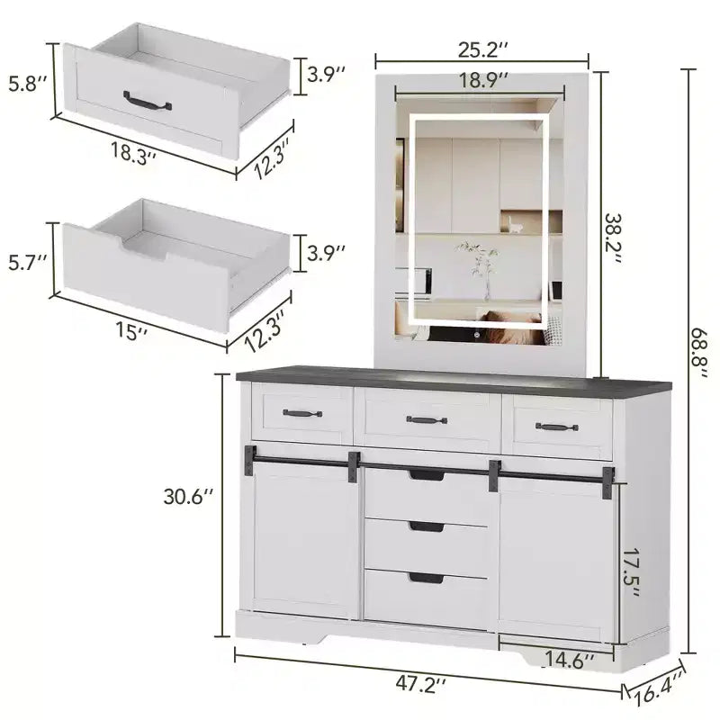 47.2 Credenza a buffet stile farmhouse, con 6 cassetti, 2 ante scorrevoli a fienile, organizer rustico, per sala da pranzo, cucina,, soggiorno