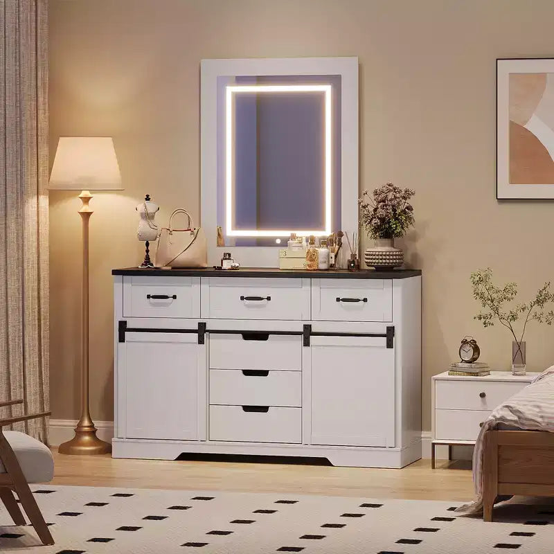 47.2 Credenza a buffet stile farmhouse, con 6 cassetti, 2 ante scorrevoli a fienile, organizer rustico, per sala da pranzo, cucina,, soggiorno