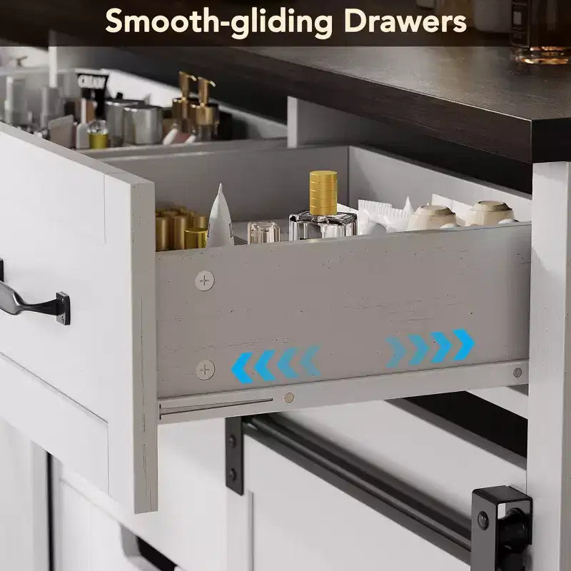 47.2 Credenza a buffet stile farmhouse, con 6 cassetti, 2 ante scorrevoli a fienile, organizer rustico, per sala da pranzo, cucina,, soggiorno