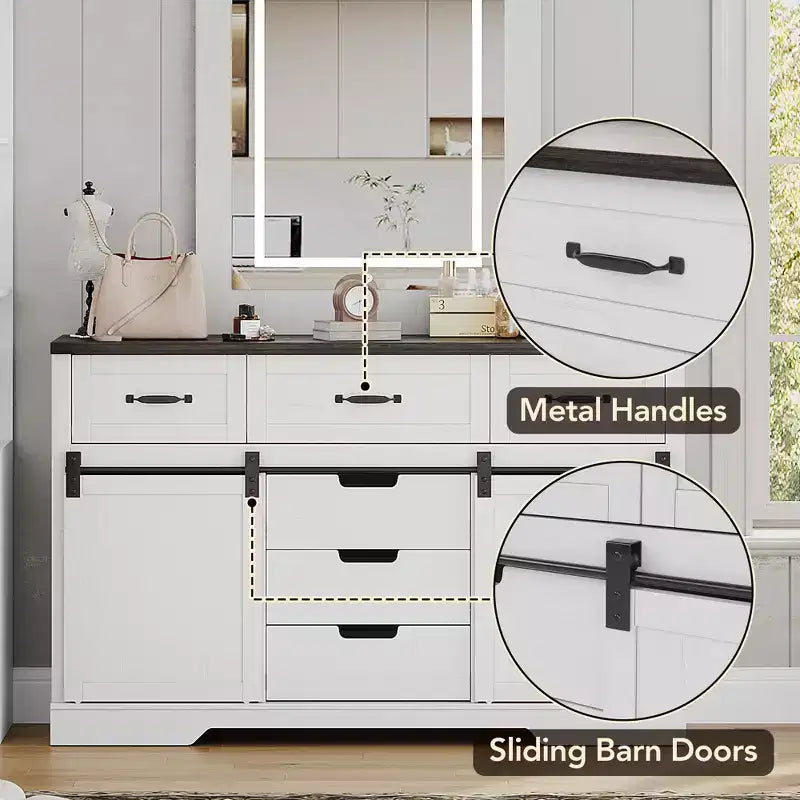 47.2 Credenza a buffet stile farmhouse, con 6 cassetti, 2 ante scorrevoli a fienile, organizer rustico, per sala da pranzo, cucina,, soggiorno