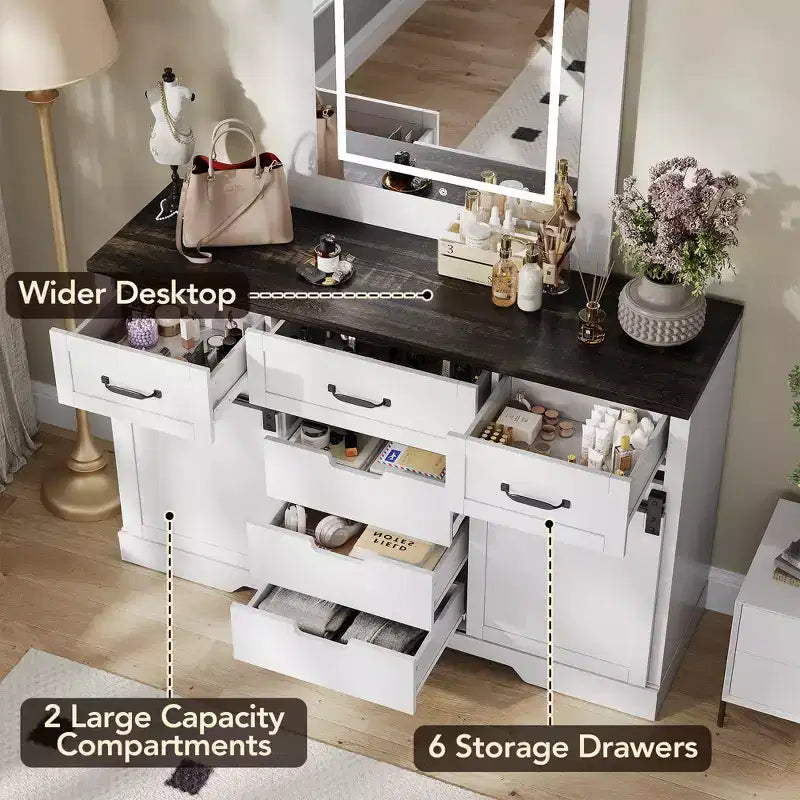 47.2 Credenza a buffet stile farmhouse, con 6 cassetti, 2 ante scorrevoli a fienile, organizer rustico, per sala da pranzo, cucina,, soggiorno