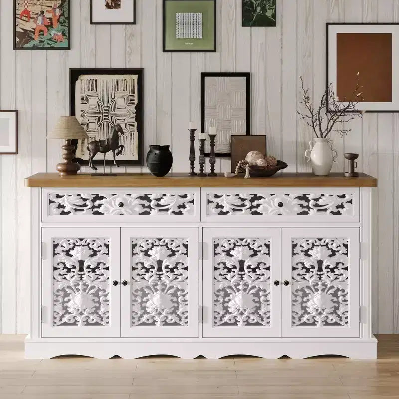 Credenza decorativa bianca Famapy, mobile d'accento con rilievo cavo - Libreria con ante a fantasia