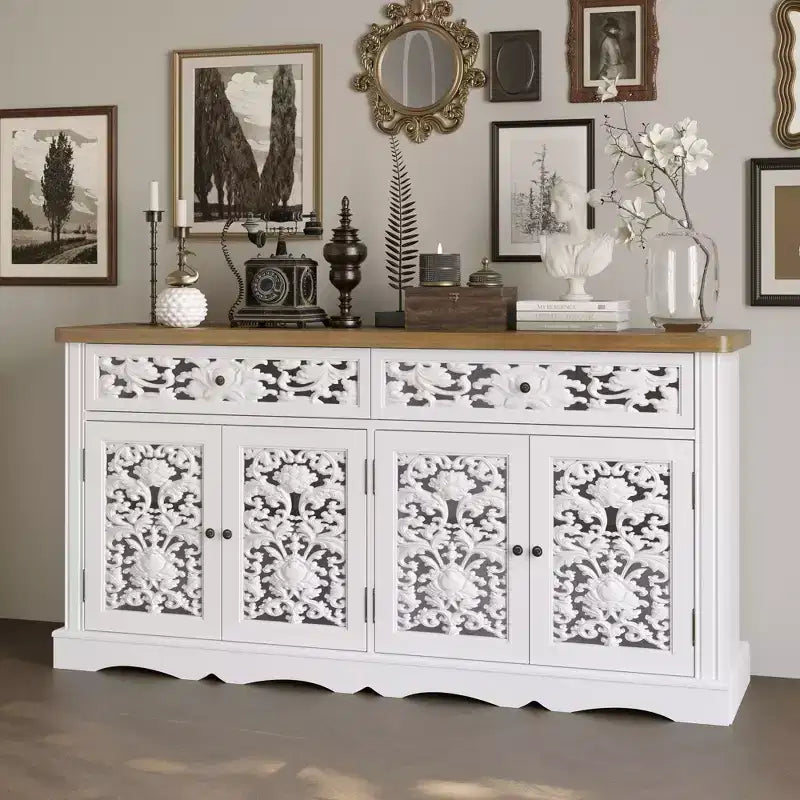 Credenza decorativa bianca Famapy, mobile d'accento con rilievo cavo - Libreria con ante a fantasia