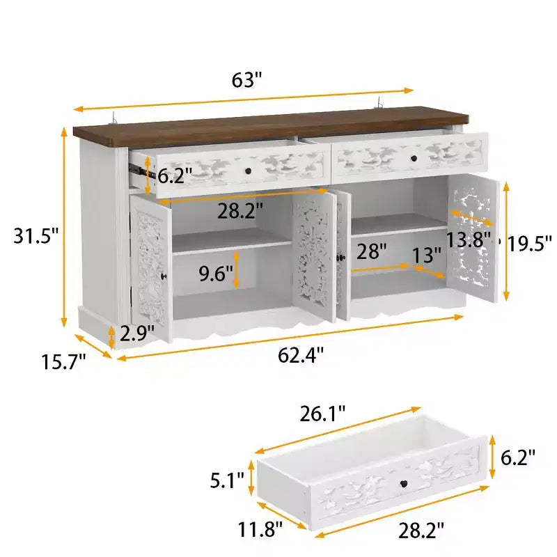 Credenza decorativa bianca Famapy, mobile d'accento con rilievo cavo - Libreria con ante a fantasia