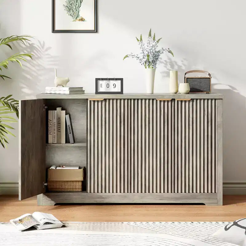 Mobile credenza a 4 ante con buffet, credenza moderna scanalata con ante e ripiani, console portaoggetti in legno, per soggiorno, ingresso, corridoio