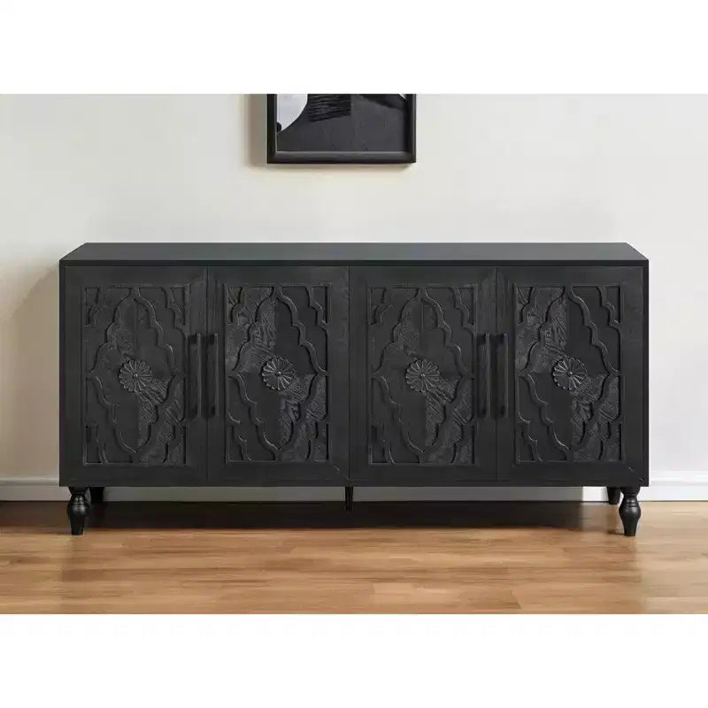 HomeRoots 68 Buffet sculpté floral vieilli noir avec quatre portes