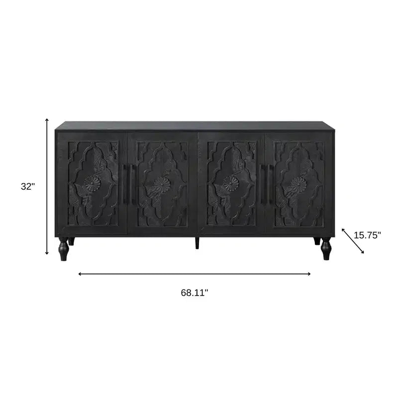 HomeRoots 68 Buffet sculpté floral vieilli noir avec quatre portes