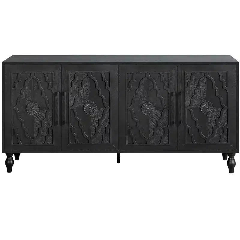 HomeRoots 68 Buffet sculpté floral vieilli noir avec quatre portes