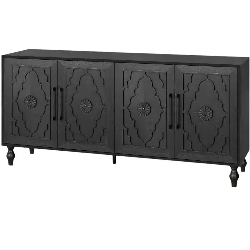 HomeRoots 68 Buffet sculpté floral vieilli noir avec quatre portes