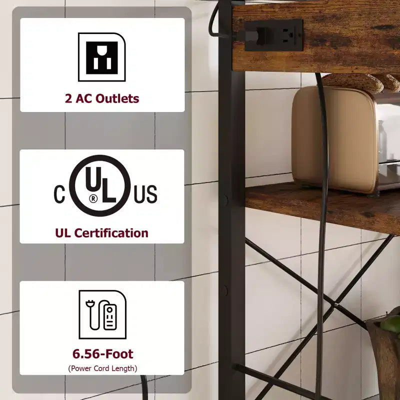 Scaffale da Panettiere a 6 Livelli con Presa Elettrica, Supporto per Microonde e Tavolo da Caffè per la Cucina, per Riporre Spezie e Pentole