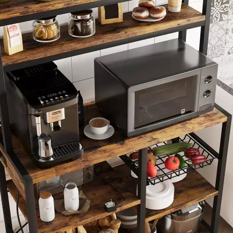 Scaffale da Panettiere a 6 Livelli con Presa Elettrica, Supporto per Microonde e Tavolo da Caffè per la Cucina, per Riporre Spezie e Pentole