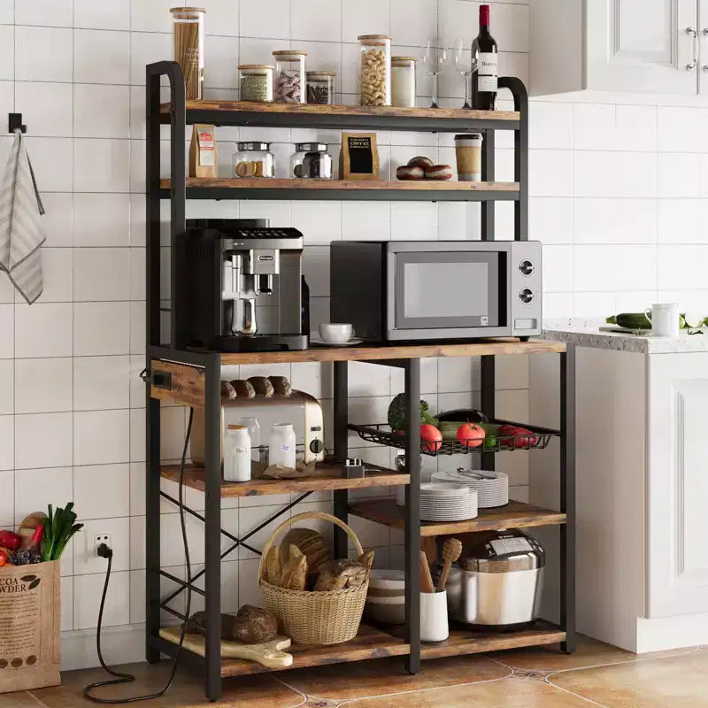 Scaffale da Panettiere a 6 Livelli con Presa Elettrica, Supporto per Microonde e Tavolo da Caffè per la Cucina, per Riporre Spezie e Pentole