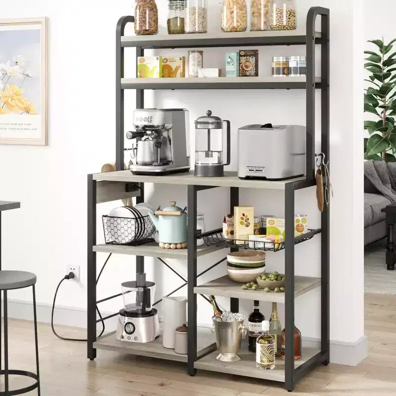 6 Tier Bakers Rack with Power OutletMicrowave Stand and Coffee Bar Table for Kitchen Storage of Spices, and Pans