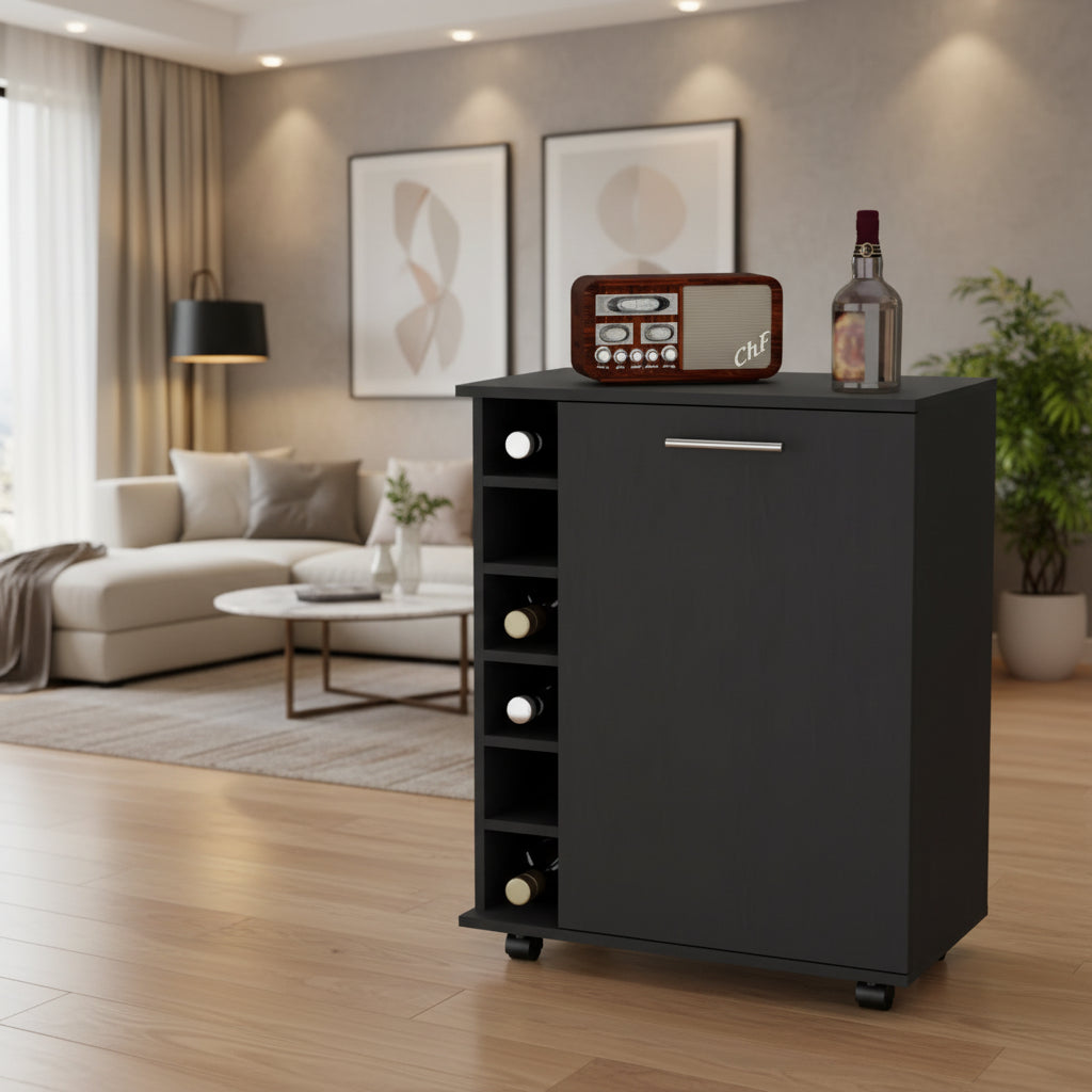 Carrello da bar nero con portabottiglie