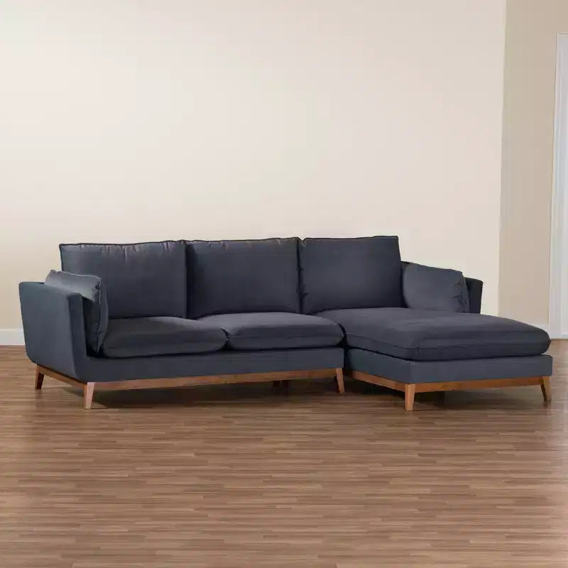Divano sezionale moderno Baxton Studio Linanas in tessuto grigio scuro con penisola a destra